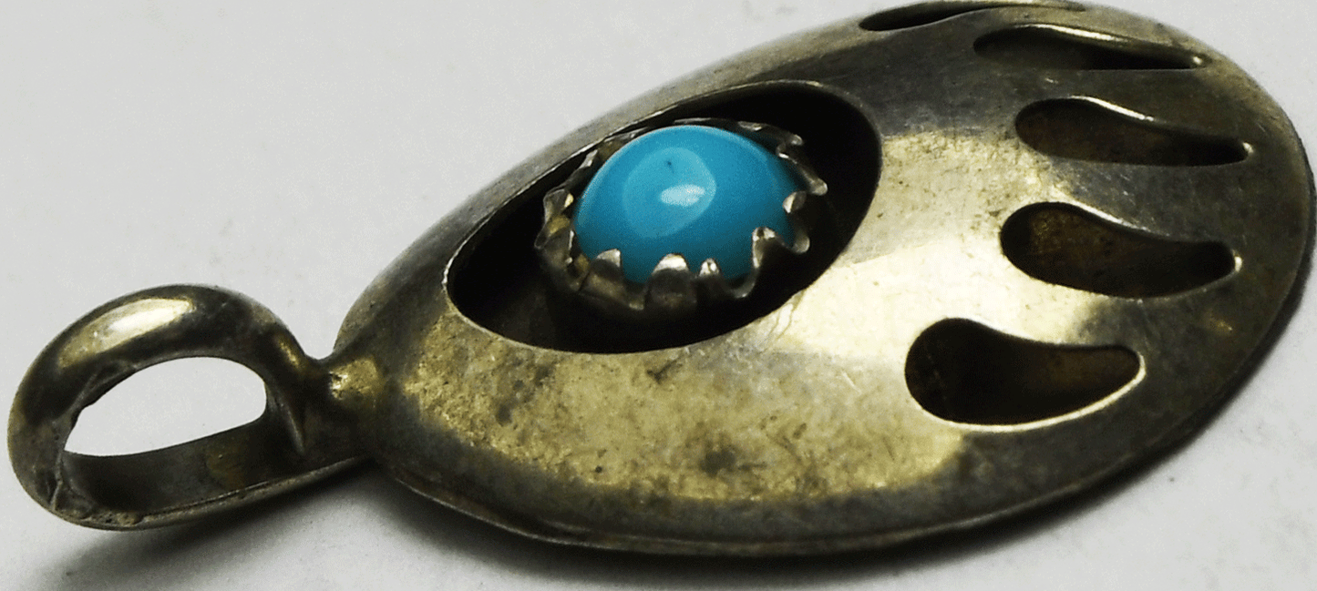 Antique Sterling Turquoise Bear Claw Shadow Box Teardrop Pendant 22mm x 13mm