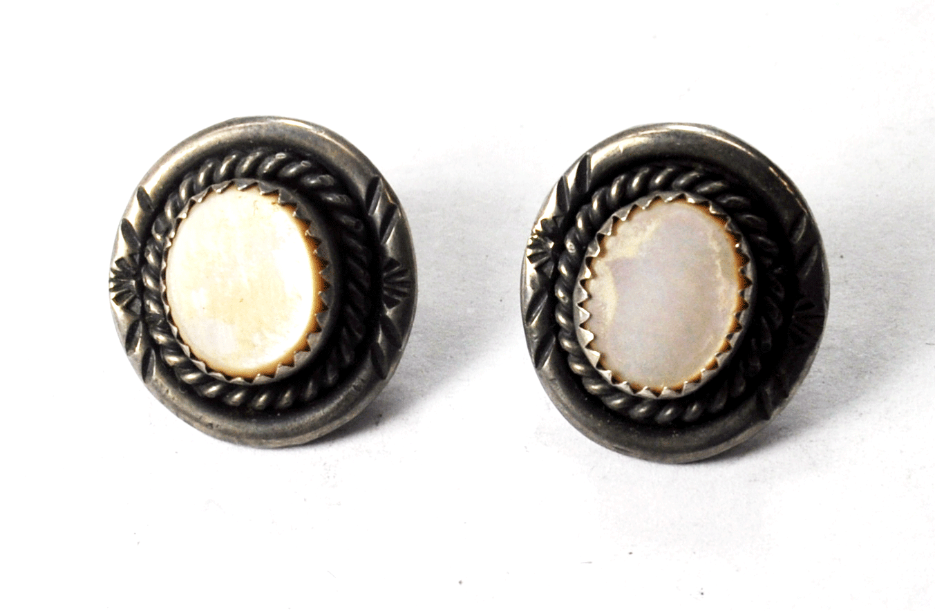 Sterling Silver Pink MOP Signed PN Oval Earrings 19mm x 18mm