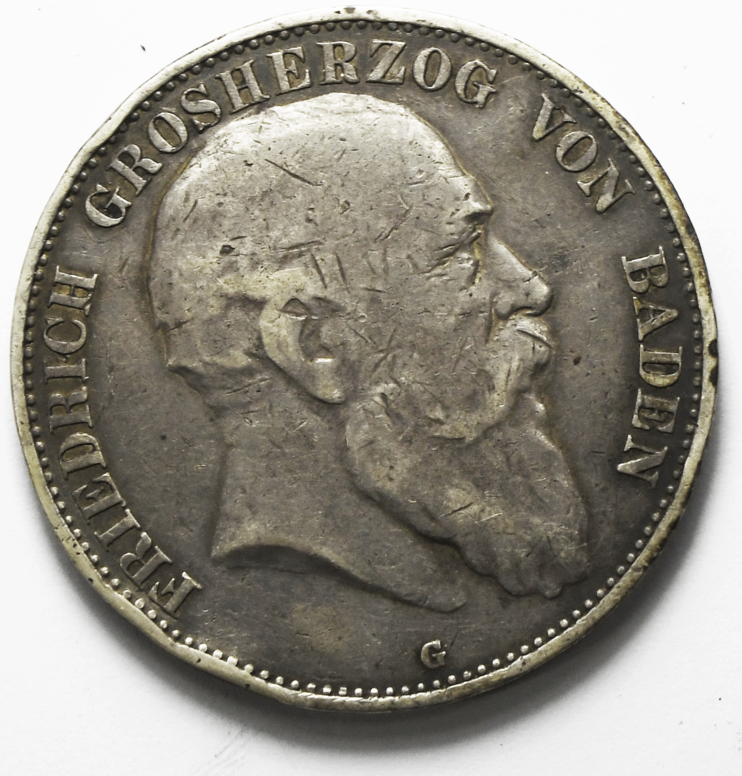 1902 G German States Baden 5 Five Mark Silver Coin KM# 274 Low Mintage Rim Dings