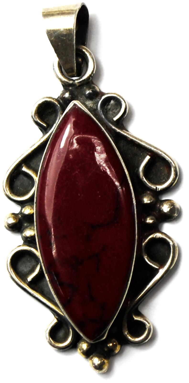 Sterling Silver Mexico Red Jasper Scroll Pendant 56mm x 27mm