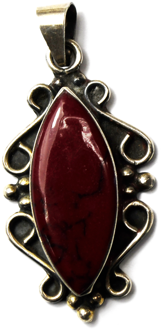 Sterling Silver Mexico Red Jasper Scroll Pendant 56mm x 27mm