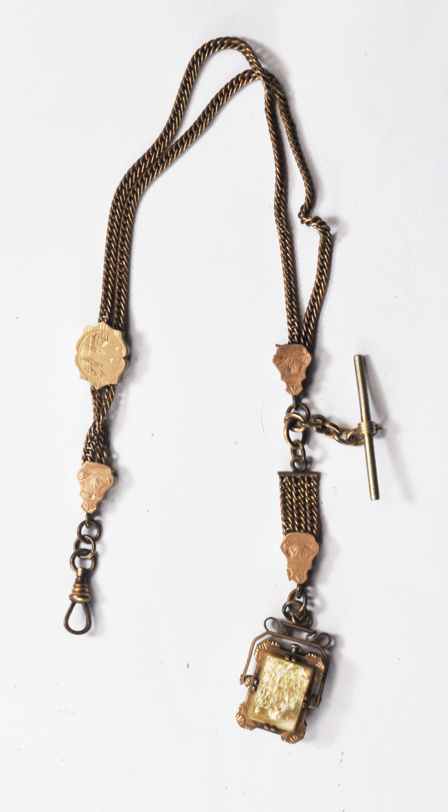 LWP Gold Filled Pocket Watch Double Chain Slide MOP Locket Fob 15-3/4"  55g