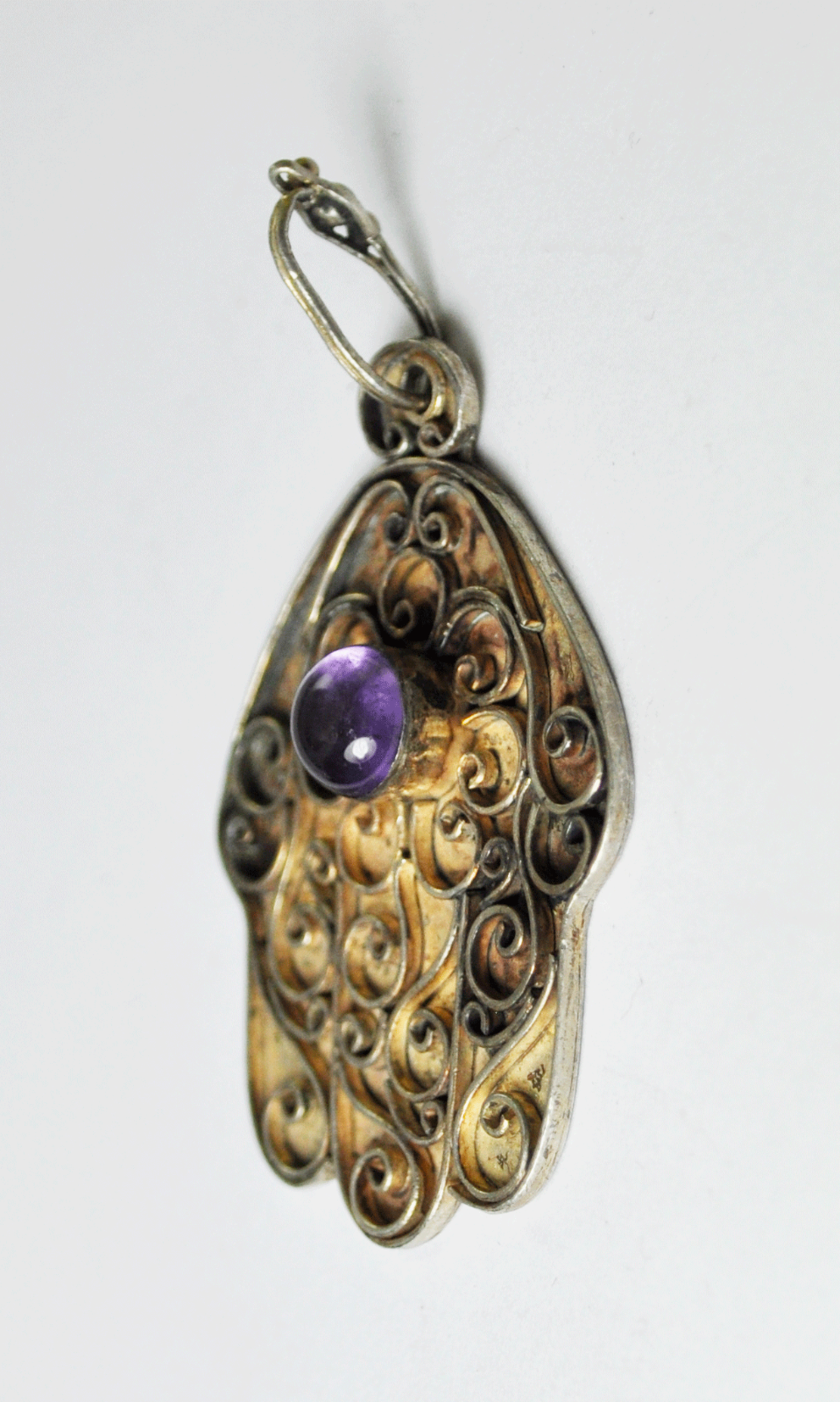 Sterling Silver Hamsa Fatima Hand Scroll Overlay Amethyst Pendant 1-3/4"