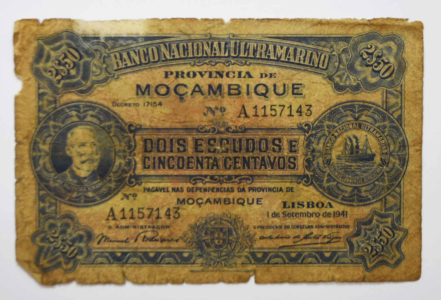 1941 Mozambique 2-1/2 Escudos Note A1157143