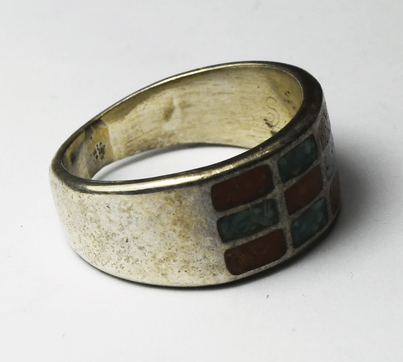 Sterling Signed Silver Bear Turquoise Coral Chip Inlay Ring 10mm Band Size 8