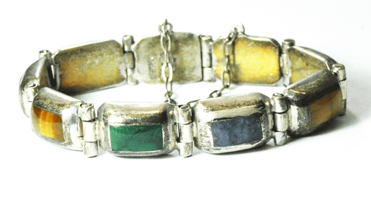 Sterling Silver Mexico TL-70 Multi Color Stone Link Bracelet 11mm 6-3/4" Wrist