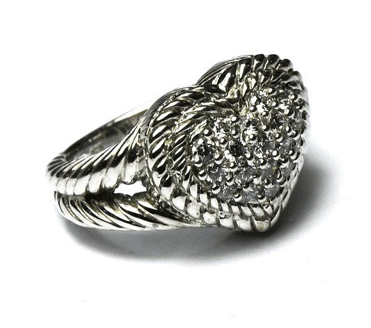 Sterling Silver Judith Ripka Pave Diamonique Heart Fleur De Lis Ring 14mm Size 6