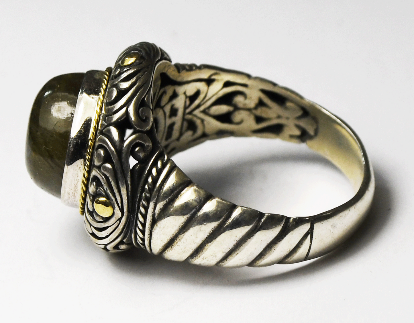 Robert Manse Sterling & 18k Domed Labradorite Scroll Ring 19mm Size 10-1/4