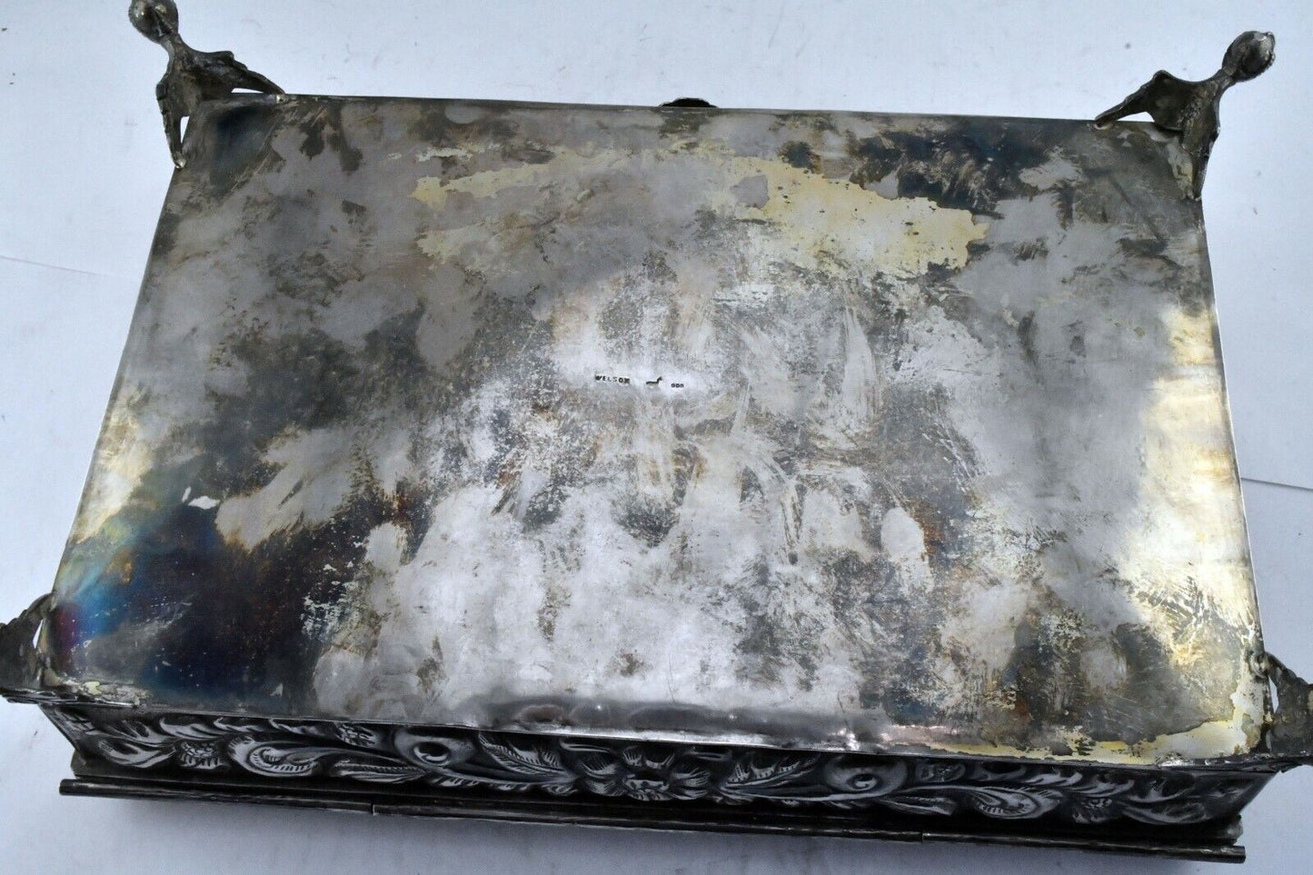 LARGE .900 Fine Silver Repousse Style Hinged 12" x 8" Jewelry Box 60oz. Welsch