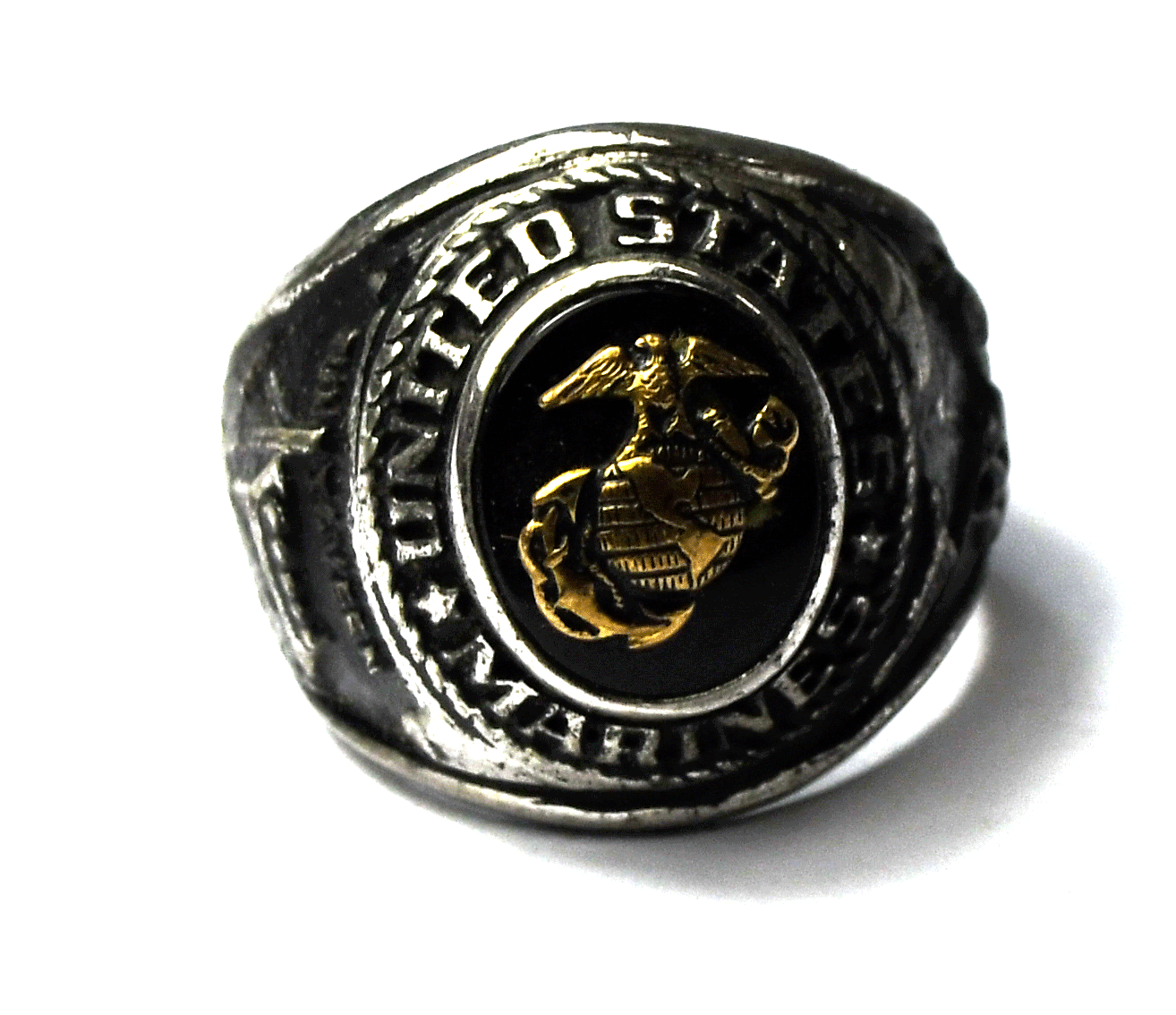 Sterling Silver Crest Craft Vintage USMC US Marines 20mm Ring Onyx Gold Size 9