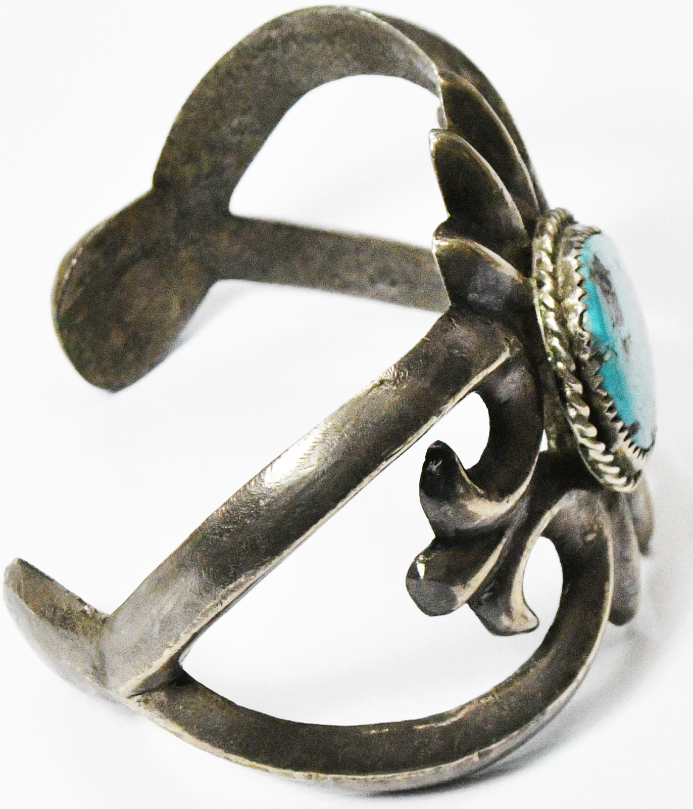 Antique Sterling Sand Cast Spiked Edge Turquoise Scroll Cuff Bracelet 52mm