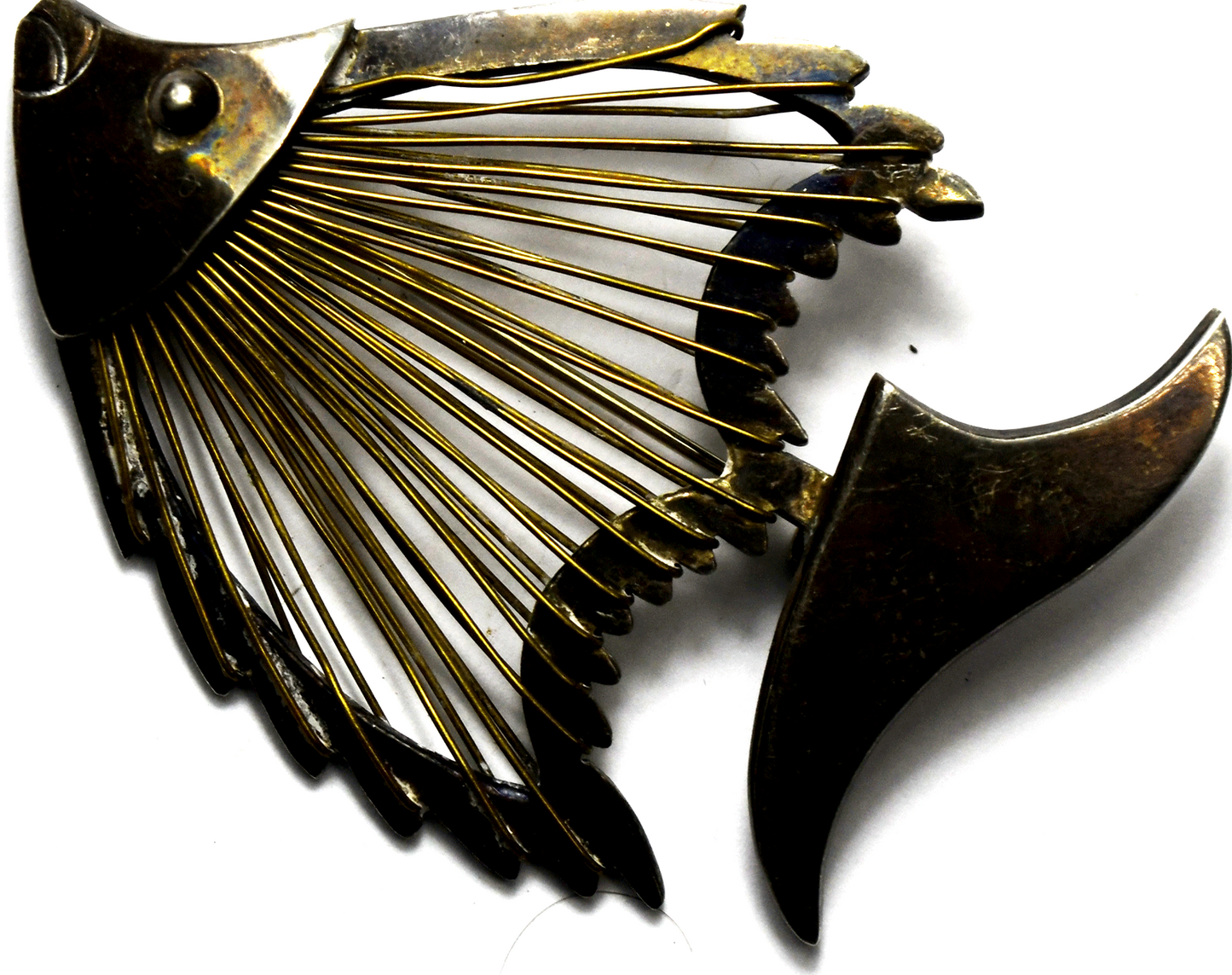 Sterling Silver Mexico Two Tone Fish Brooch Pin 55mm x 42mm