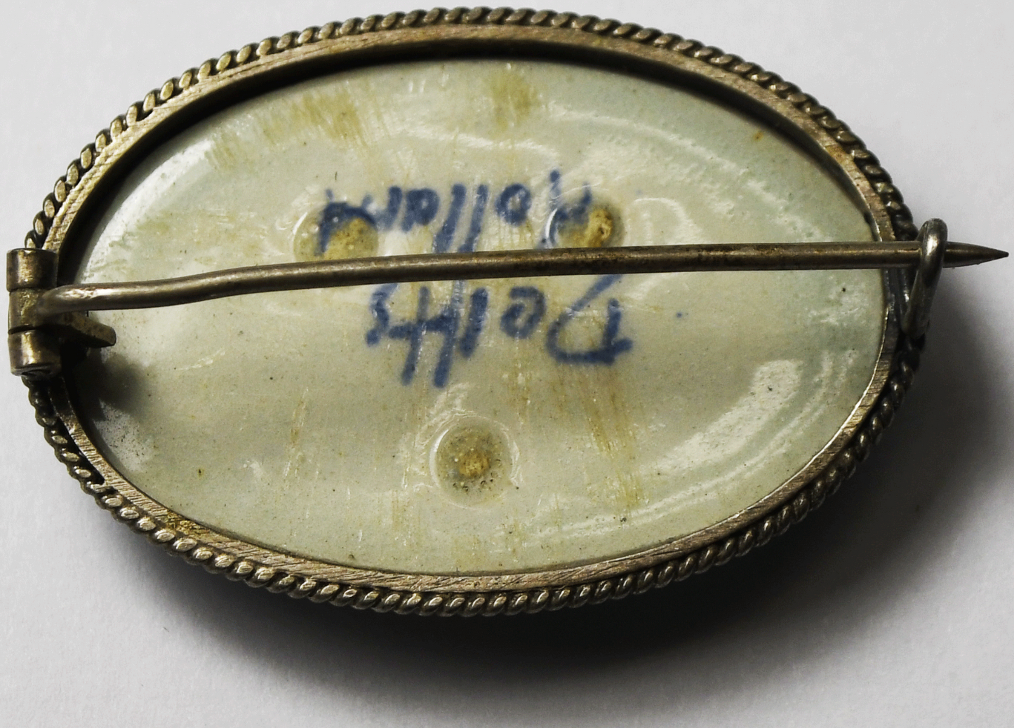 Silver Delfts Holland Porcelain Ceramic Windmill Blue Enamel Brooch Pin 23x34mm