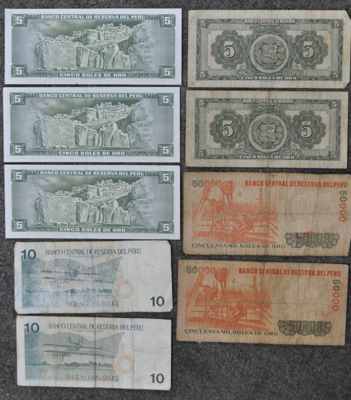 Lot of 9 Peru Currency Notes 5 10 50,000 Soles 2 Sequential