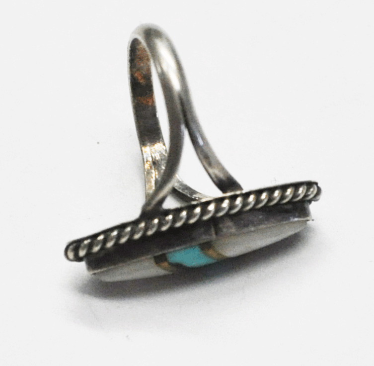 Sterling Silver MOP Turquoise Pointed Oval Ring 25mm Size 6-3/4 JBM