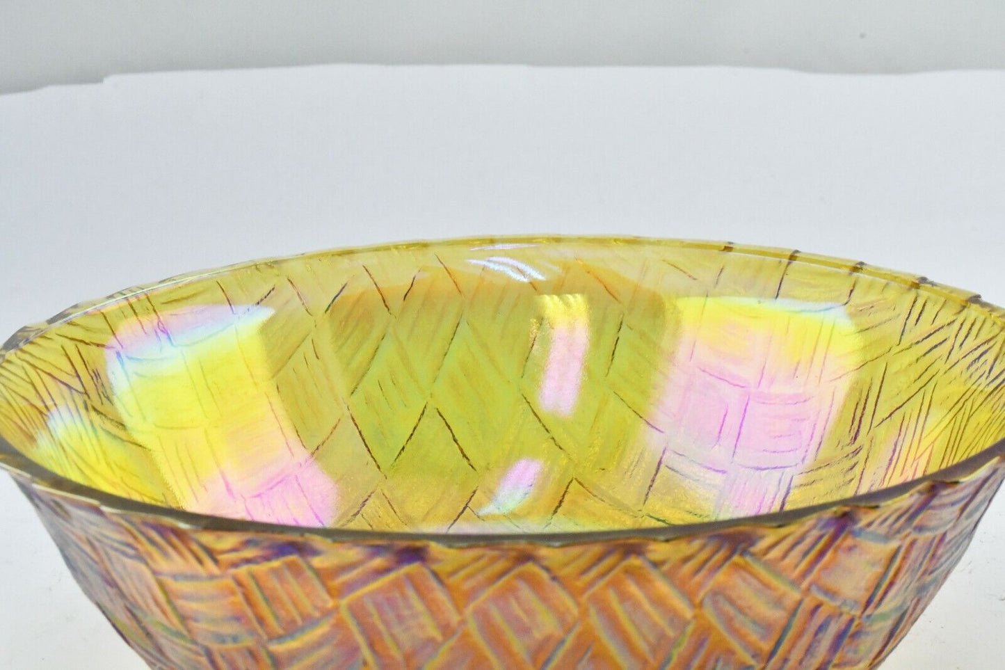 Carnival Glass Basket Weave Design Iridescent Centerpiece Bowl 8 3/4" x 3 3/4"