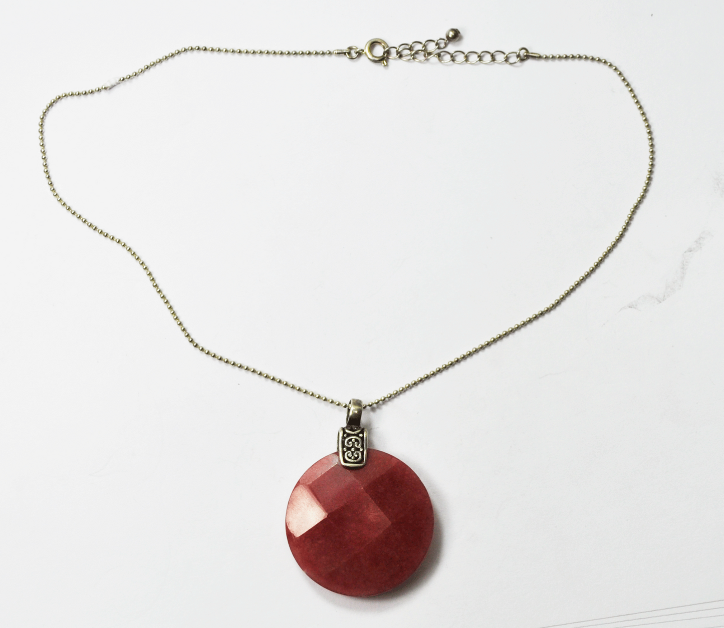 Sterling Silver Large Pink Aventurine 40mm Round Checkerboard Pendant 18"