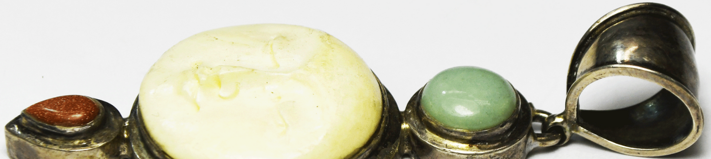 Sterling Silver Moon Face Gold Stone Chrysoprase Pendant 3" x 29mm