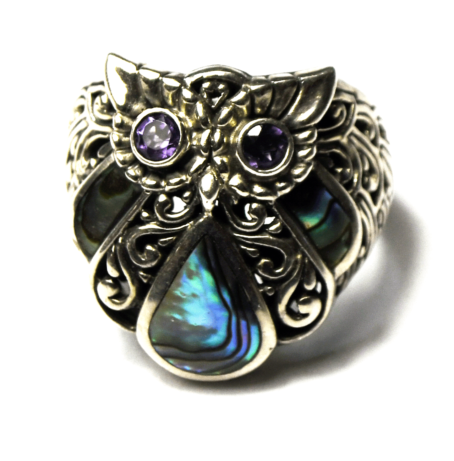 Sterling Silver Samuel B Behnam Abalone Amethyst Owl Ring 33mm Size 7.5