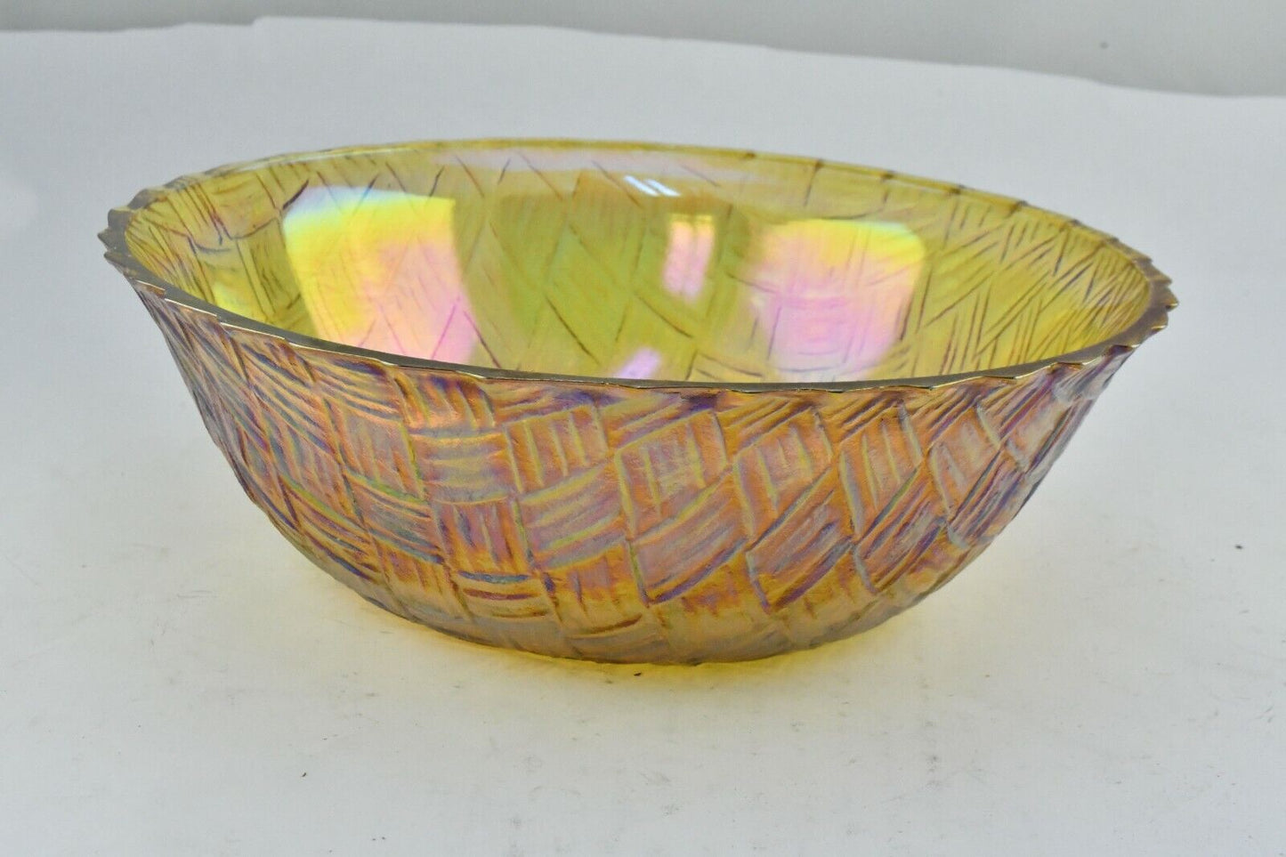 Carnival Glass Basket Weave Design Iridescent Centerpiece Bowl 8 3/4" x 3 3/4"