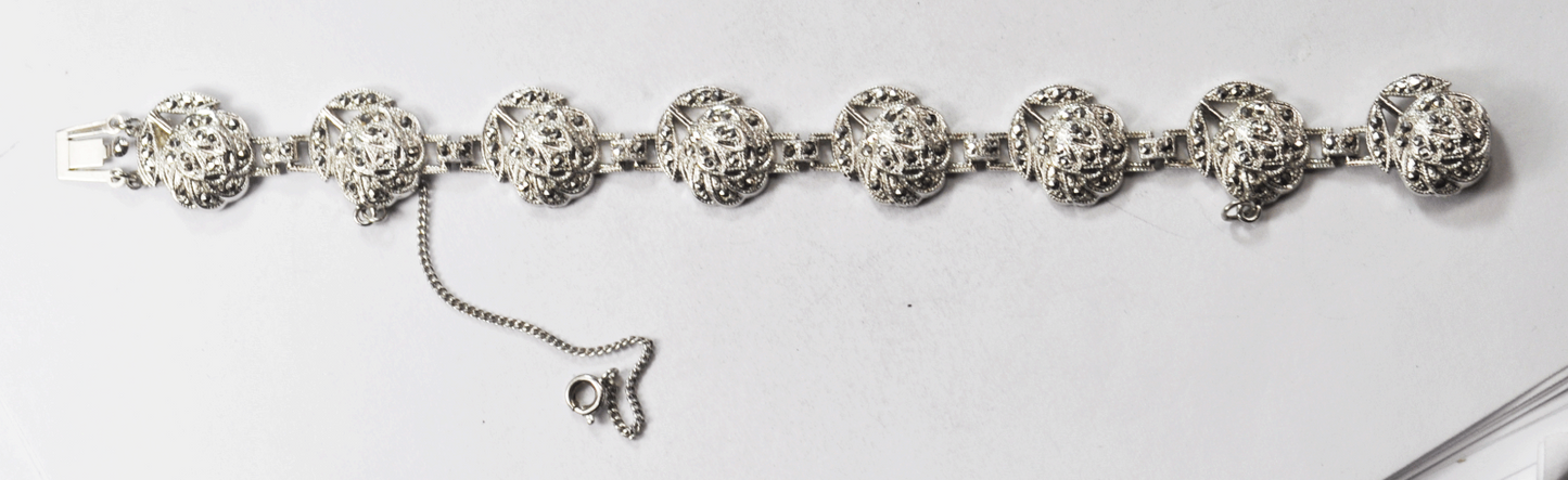 Sterling Silver Theda Marcasite Flower Link 16mm 7" Safety Chain Bracelet