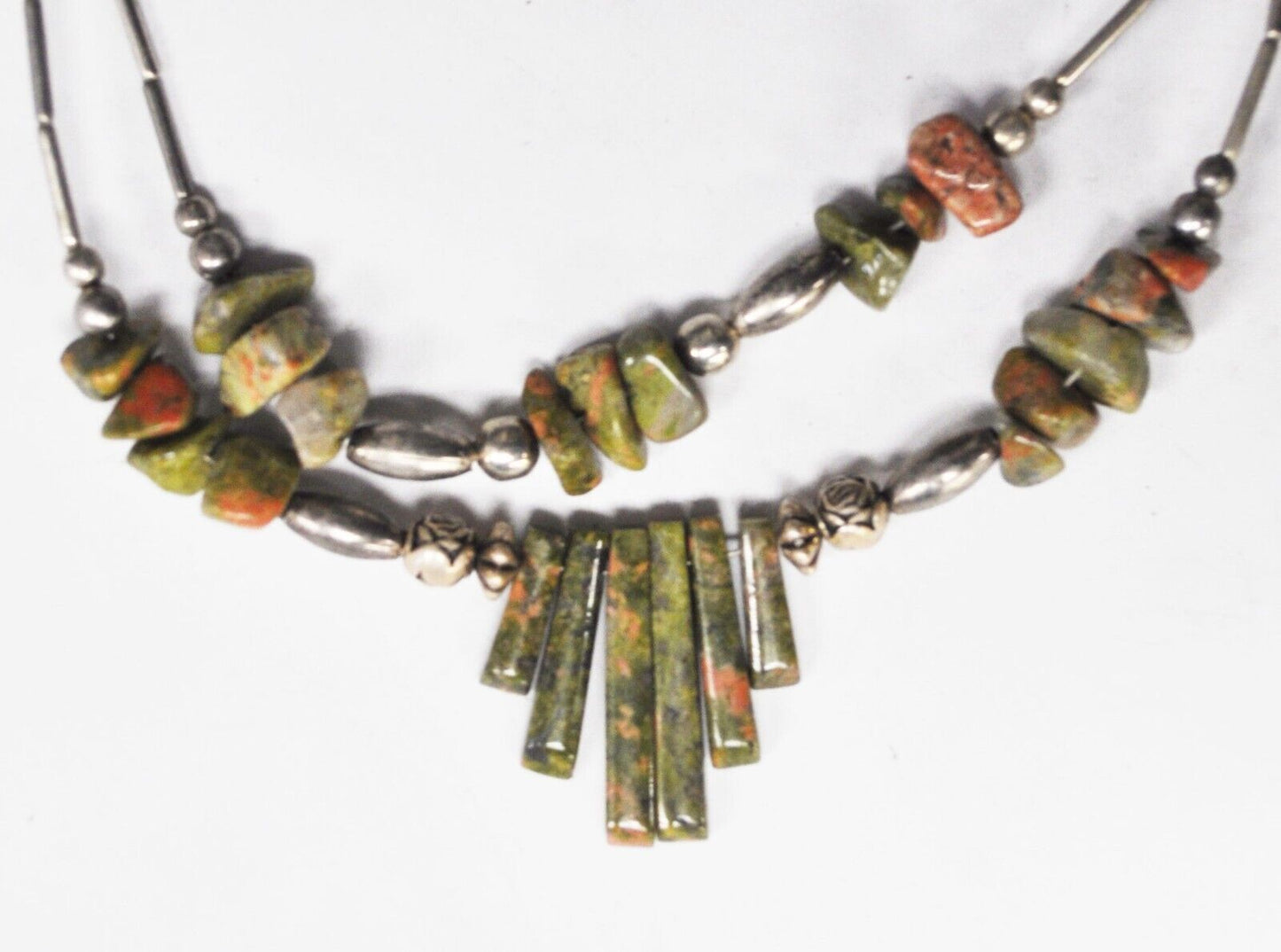 Silver Plated 26mm Unakite Piano Key Bead Necklace 2 Tier 19" Necklace