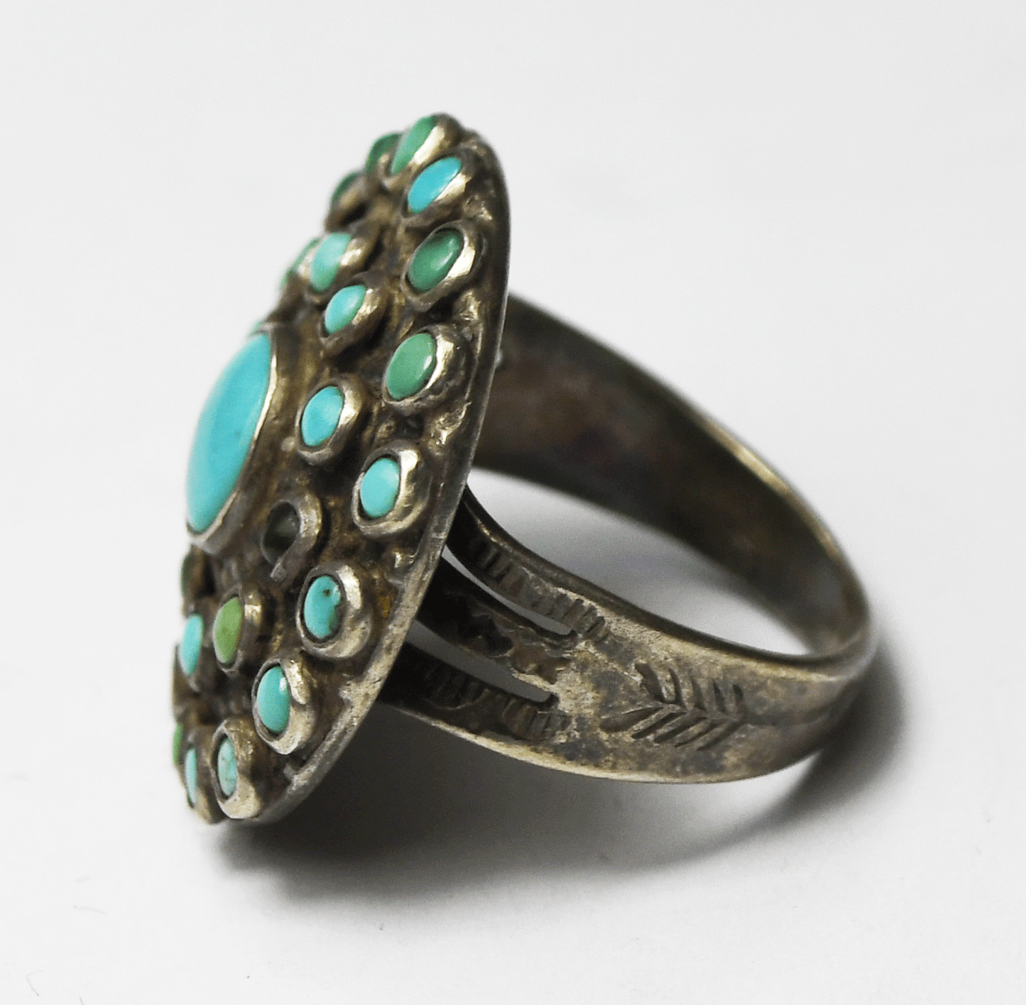 Sterling Silver Petit Point Round Turquoise Cluster Ring 21mm Size 5