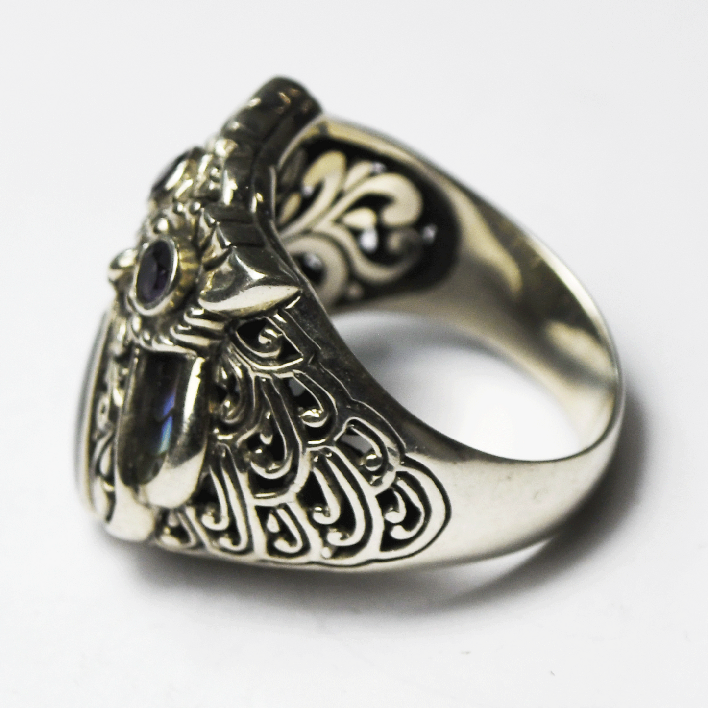 Sterling Silver Samuel B Behnam Abalone Amethyst Owl Ring 33mm Size 7.5
