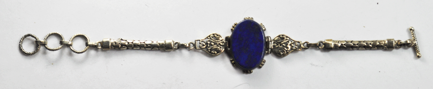 Sterling Silver Oval Blue Lapis Floral Dot Chain Toggle Bracelet 29mm