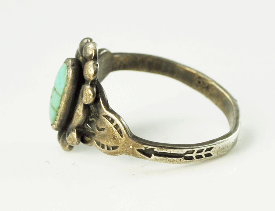 Antique Sterling Silver Turquoise Oval Ring 12mm Size 3.5 Harvey Era 1930's