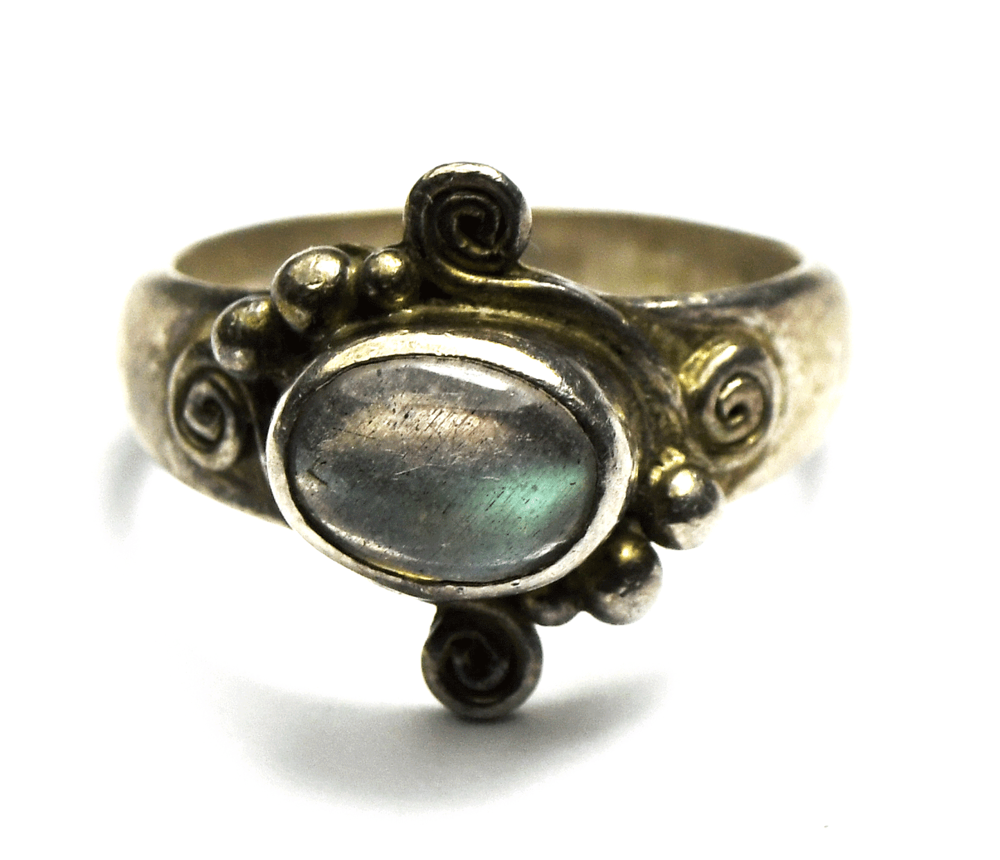 Sterling Silver Sajen Oval Labradorite Ring Dot Spiral 15mm Size 5-3/4