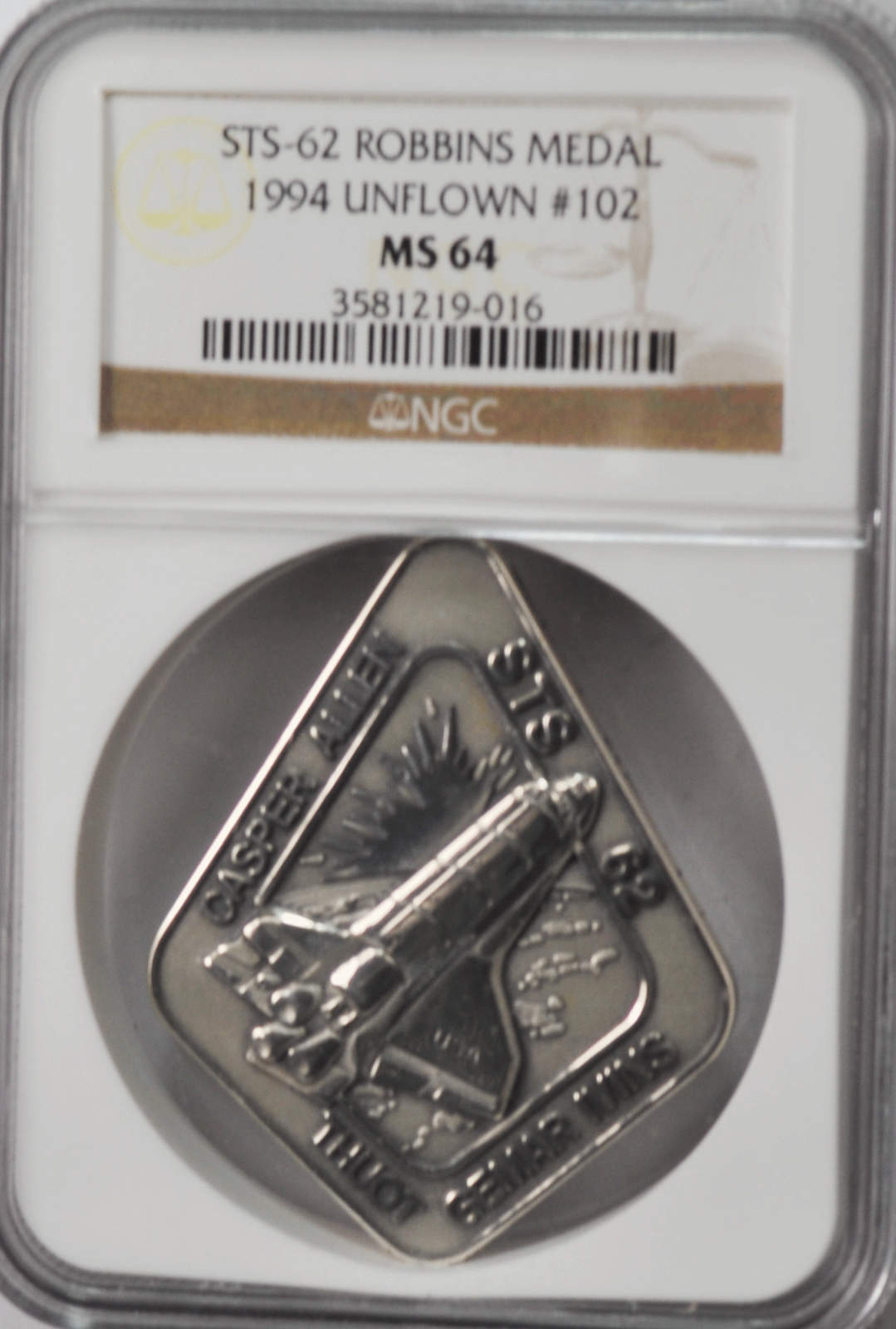 1994 STS-62 Robbins Silver Space Medal Unflown #102 NGC MS64 Columbia