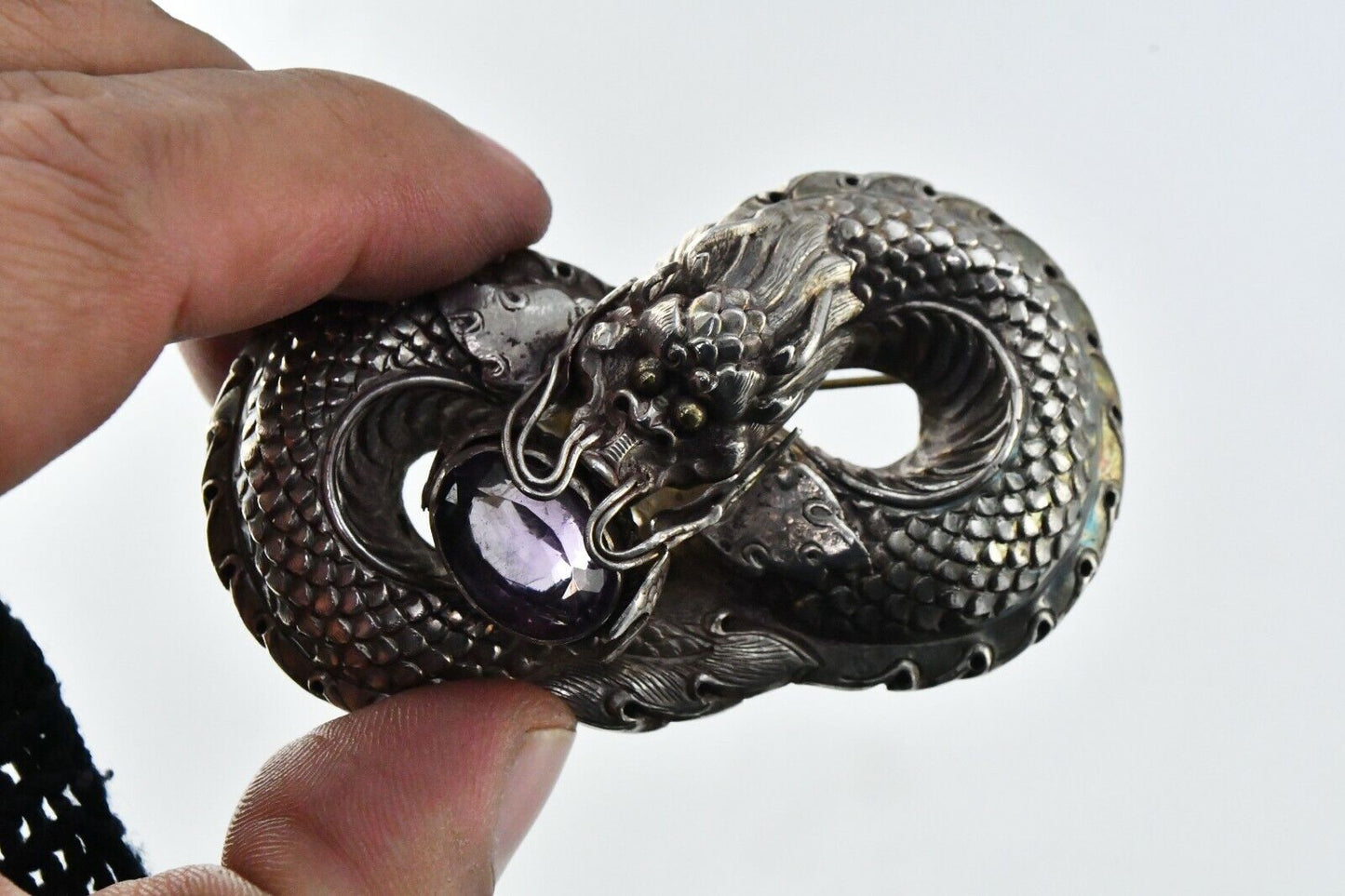 Vintage Sterling Silver & 8ct. Amethyst Oriental Dragon Pendant Nepal 2 3/4"