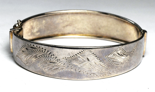 Sterling Silver Etched Leaf Floral Hinged Bangle Bracelet 16mm 7" Wrist 18g