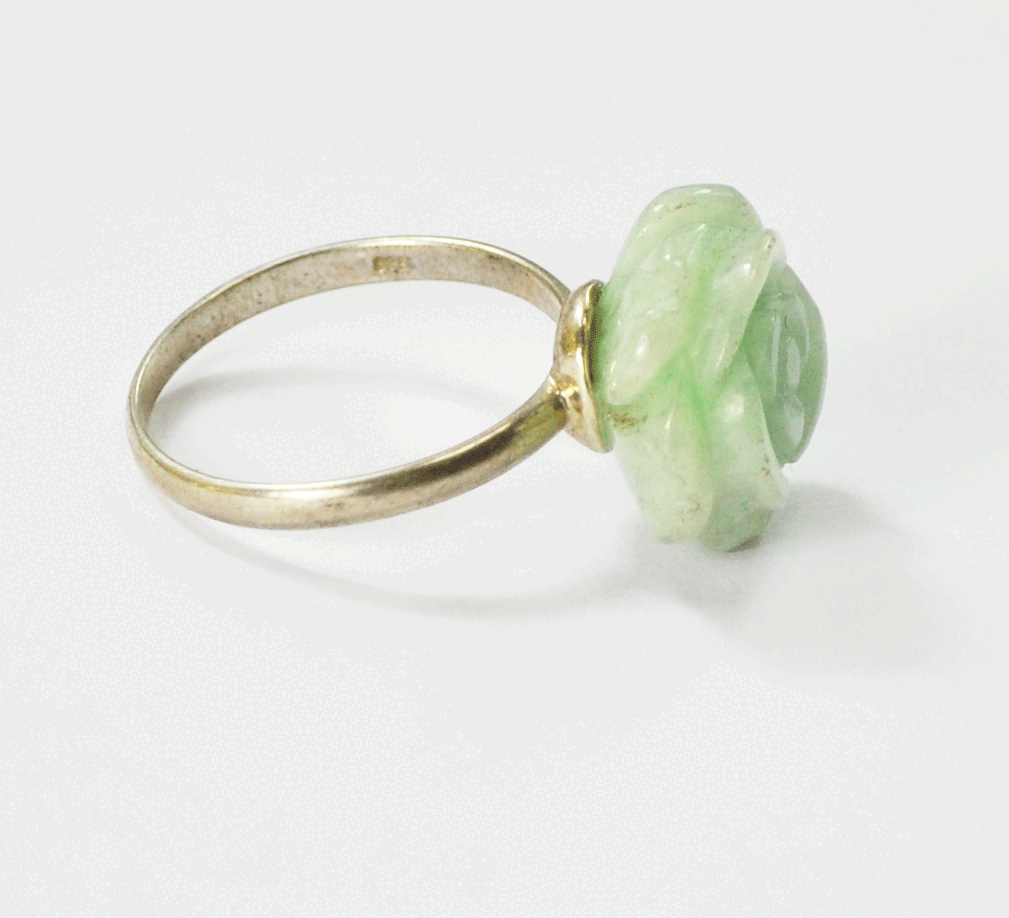 Sterling Silver Gil HK Carved Green Jade Flower Solitaire Ring 16mm Size 9.5