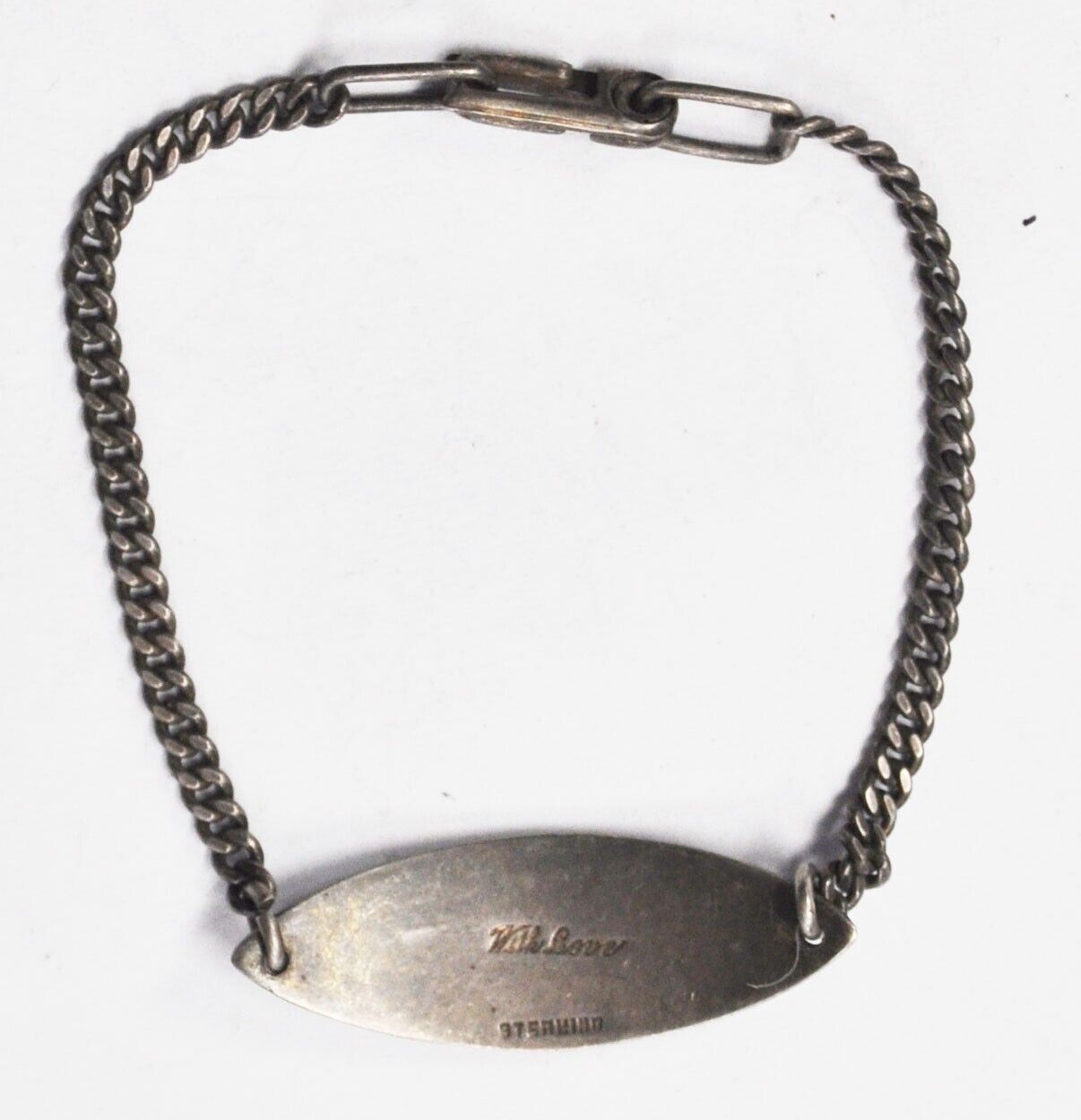 Sterling 13mm Two Tone Army Aviator With Love Blank ID 3mm Chain Bracelet 7"