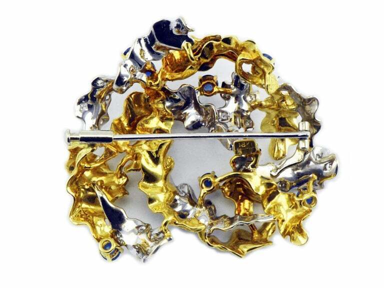 Vintage Two-Tone 18 Karat Gold Sapphire and Diamond Leaf Pendant Brooch 21 Gram