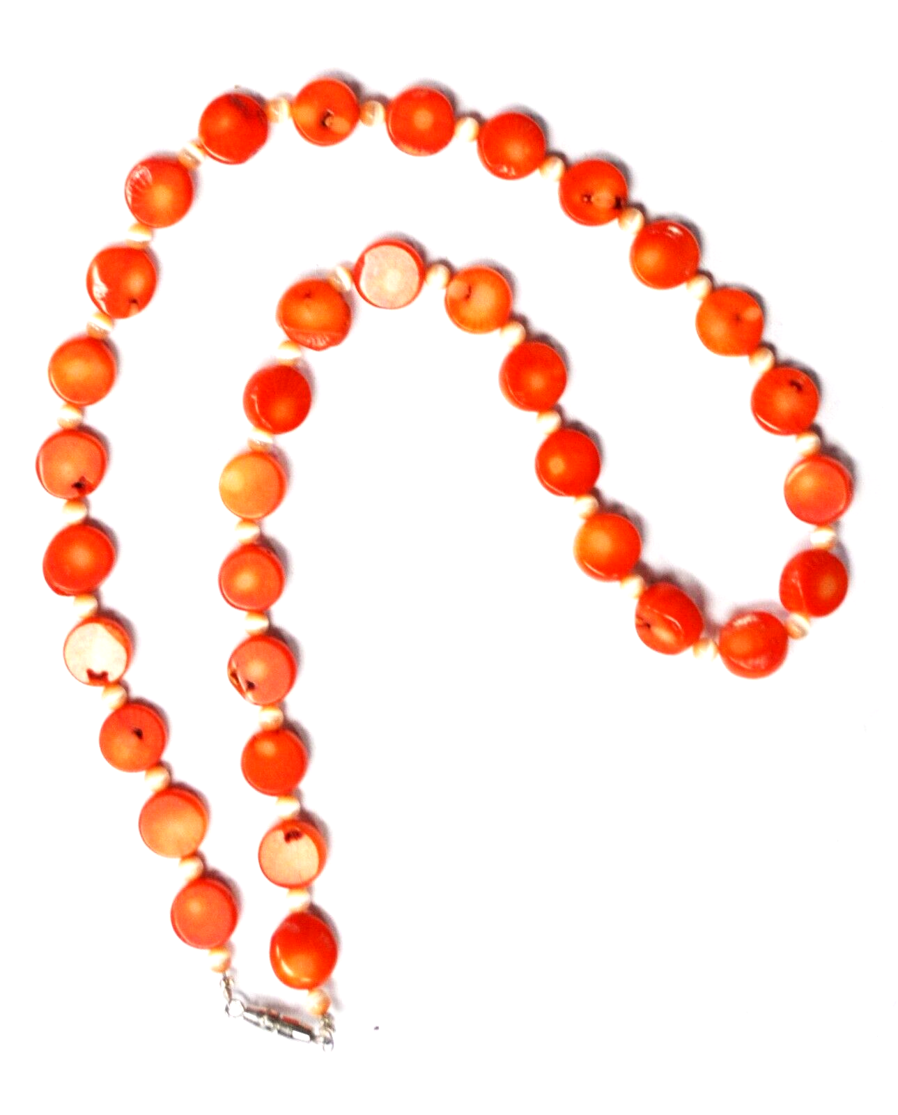 Silver Plate Orange Coral Disc Peach Star Sapphire Bead 11mm Necklace 21.5"