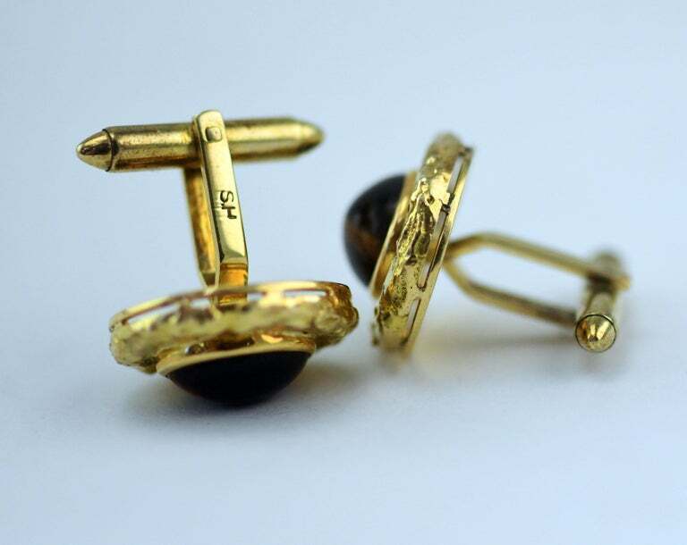 Signed Tigers Eye Nugget Style 14 Karat Yellow Gold Mens Cufflinks 19.4 Grams