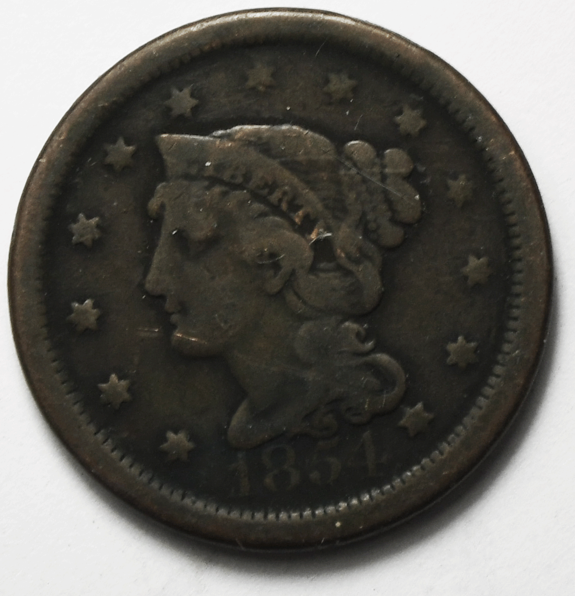1851 1c Braided Hair Large Cent One Penny US 60 Degree Rotated Die Error