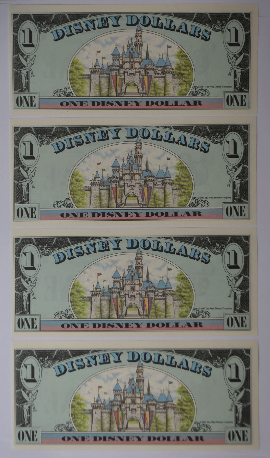 4- 1987 $1 Disney Dollar Disneyland Mickey Sequential Uncirculated A1256792-95