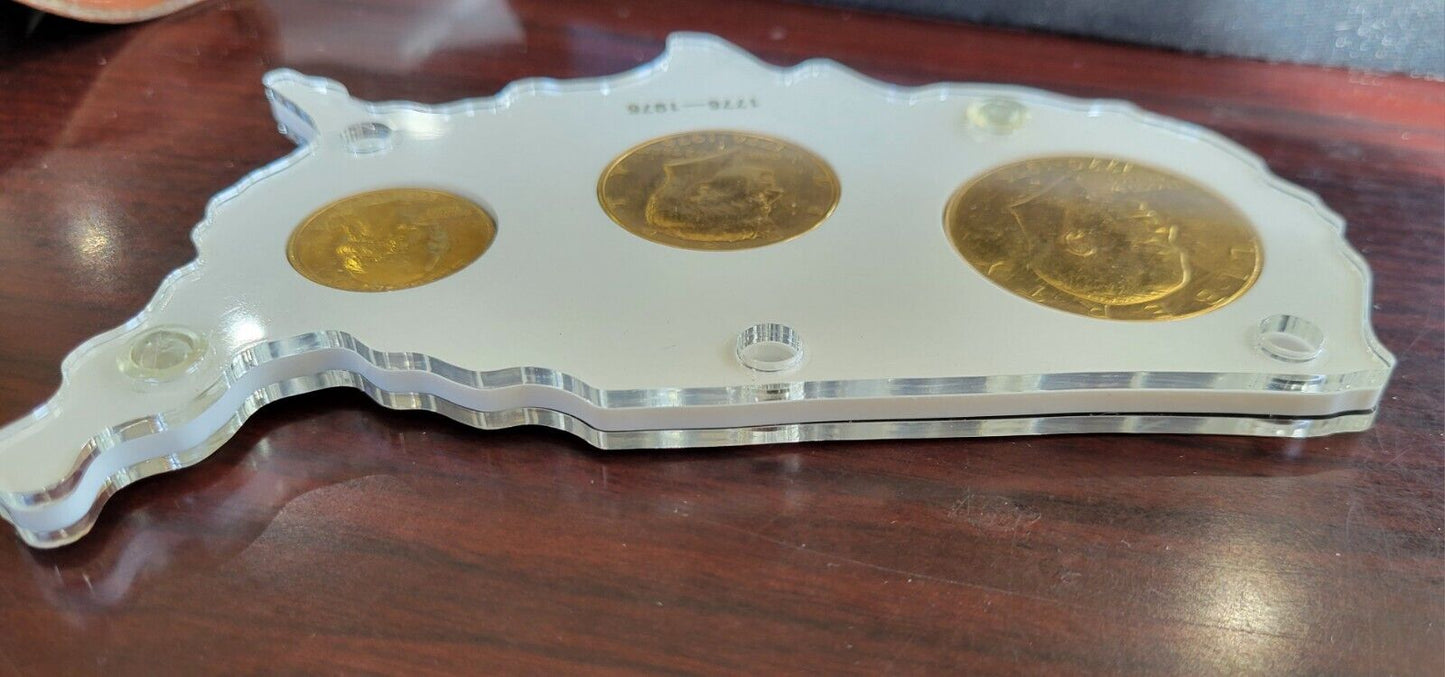 Bicentennial Gold Toned Coinage Liberty Set 1776-1976 Commemorative Acrylic Map
