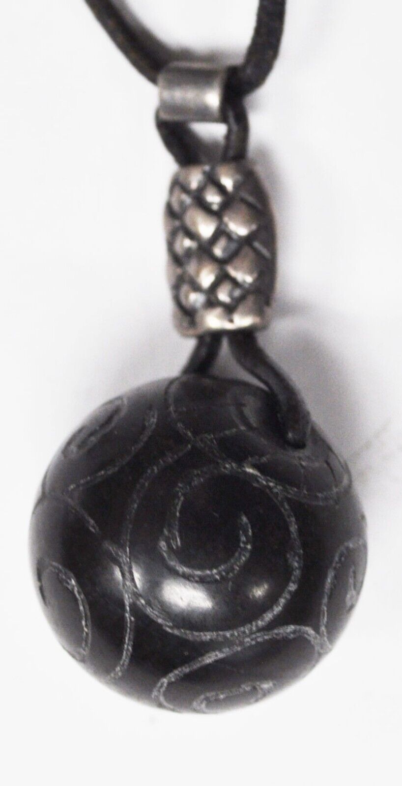 Sterling Silver Silpada Black Cord Necklace Carved Swirl Ball 48mm Pendant