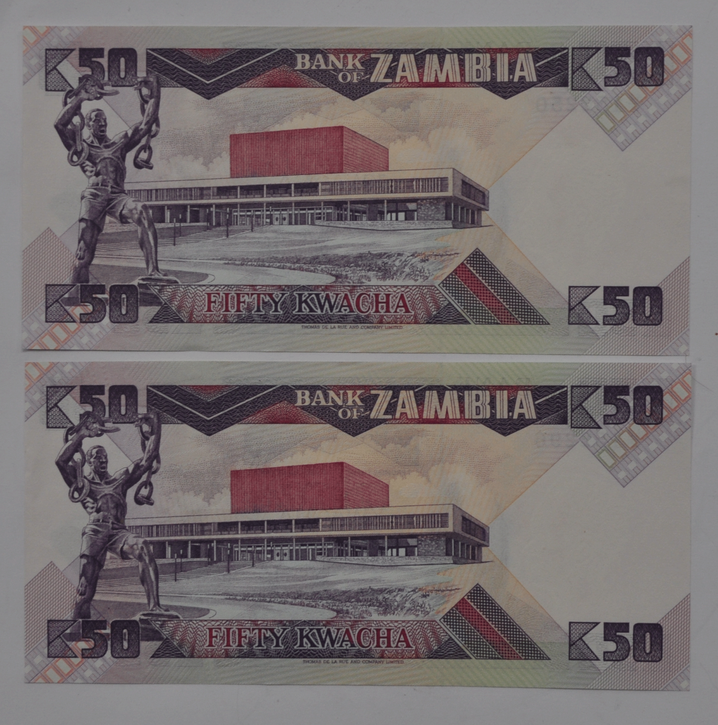1986-88 Zambia 50 Fifty Kwacha Uncirculated 2 Notes 152250 152296