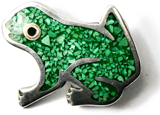 Sterling Silver Frog Green Chip Turquoise Inlay Brooch Pin 43x40mm