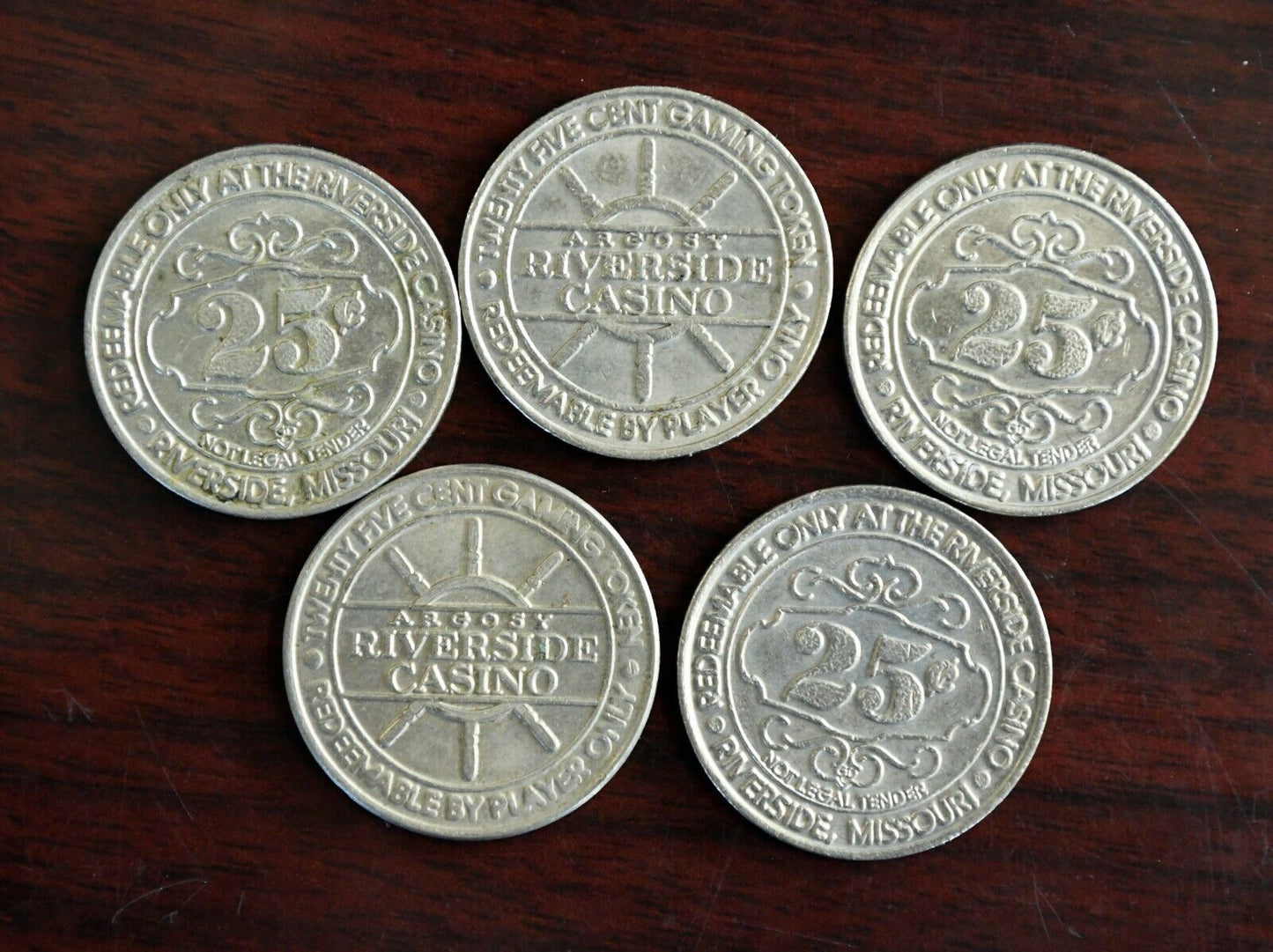 Argosy Riverside Casino (5) Twenty Five Cents Slot Gaming Tokens Riverside Mo.