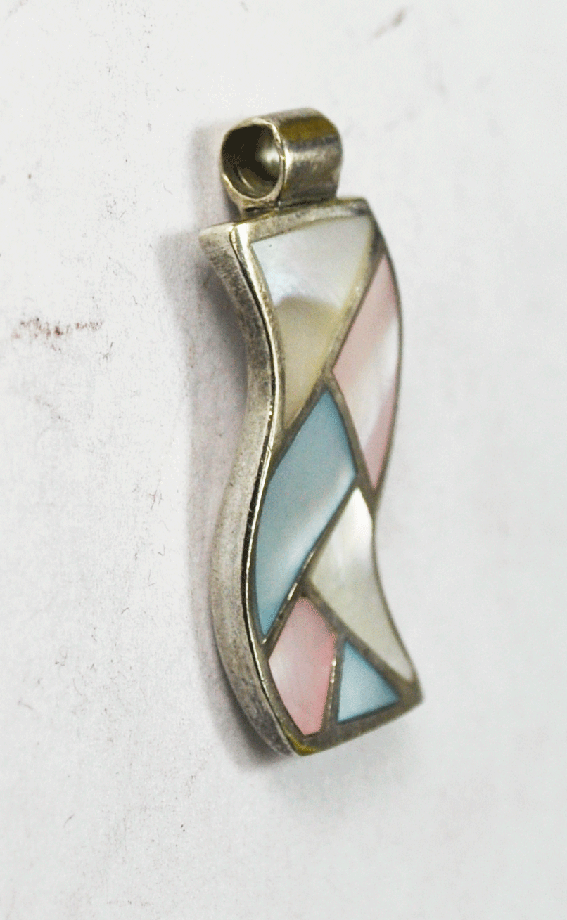 Sterling Silver MOP Inlay Wavy Mosaic Pink & Blue Pendant 1.25" 15mm