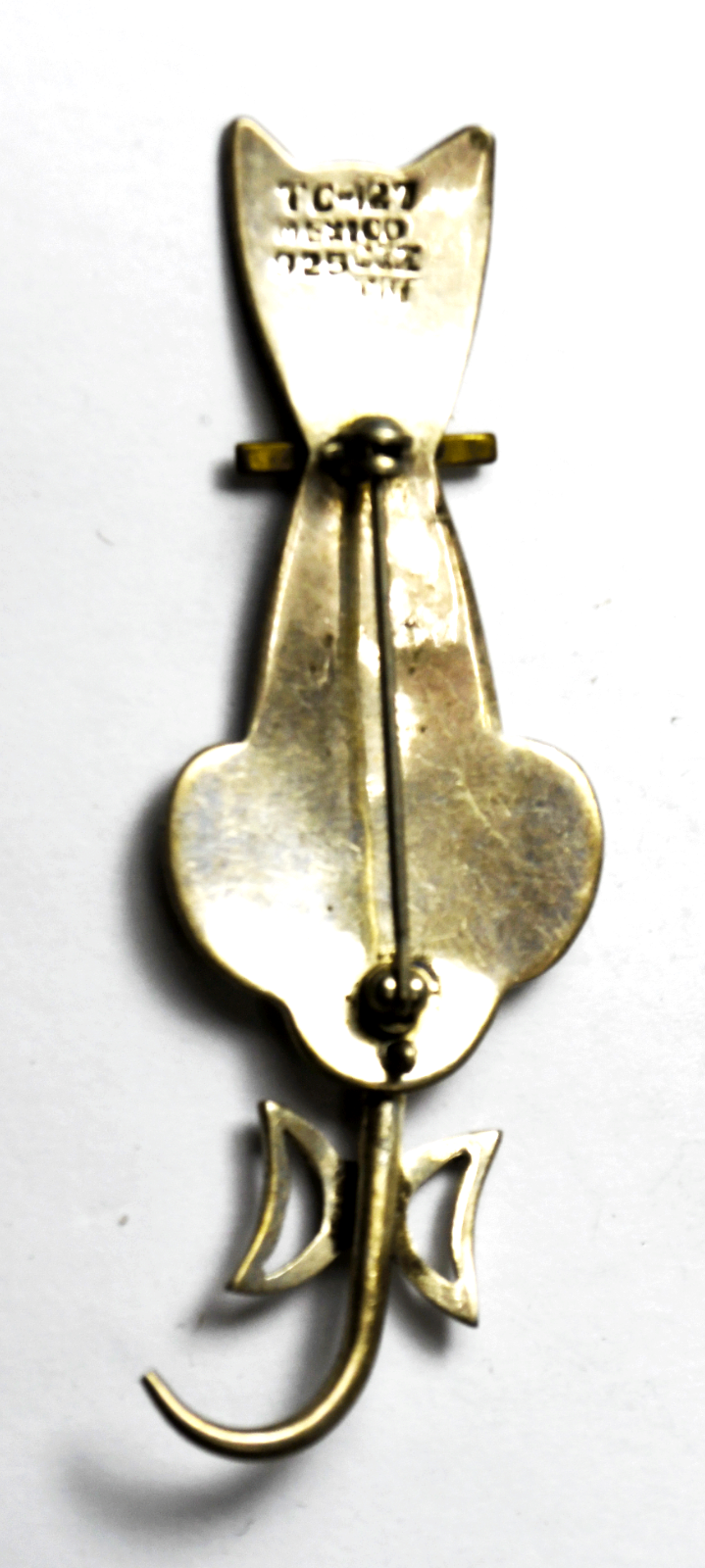 Sterling Silver Two Tone Wagging Bow Tail Cat Brooch Pin 3" x 24mm
