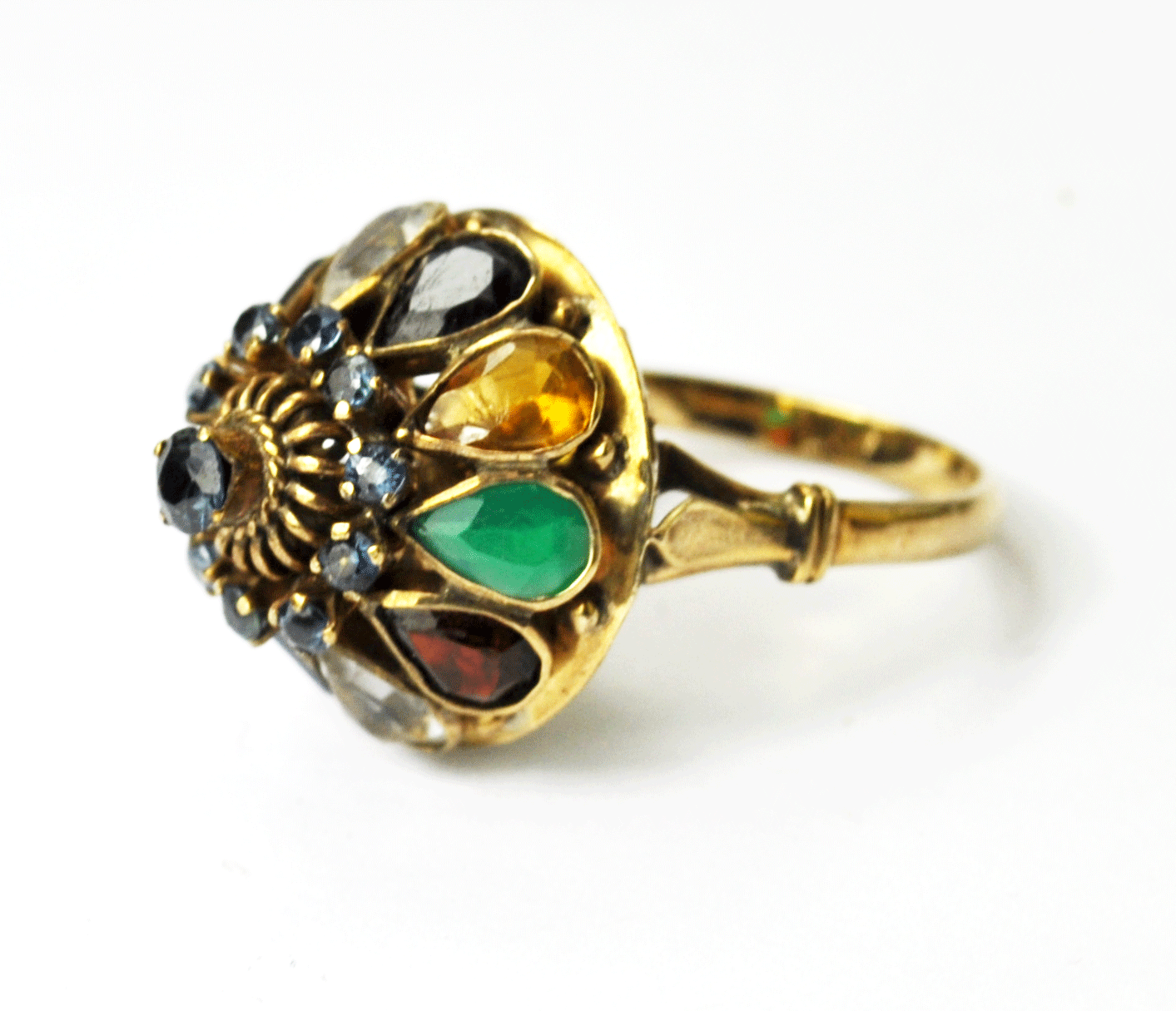 Antique Estate 14kyg Domed Multi Six Color Stone Domed Cluster Ring 18mm Size 7