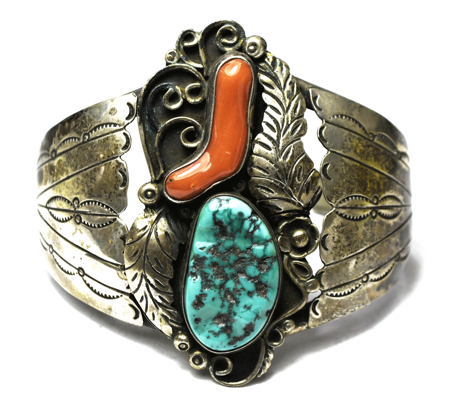 Sterling RBP Raymond Platero Turquoise Coral Cuff Bracelet 57mm 7" Wrist